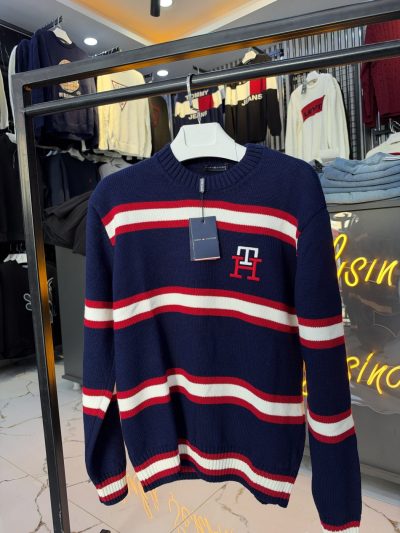 Tommy Hilfiger Çizgili Lacivert Kazak