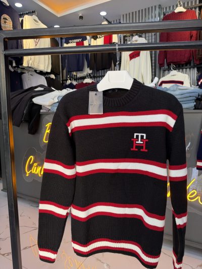 Tommy Hilfiger Logolu Çizgili Erkek Kazak - Siyah